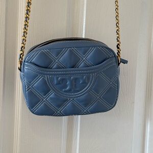 Tory Burch Quilted Blue Crossbody Bag with Gold Chain